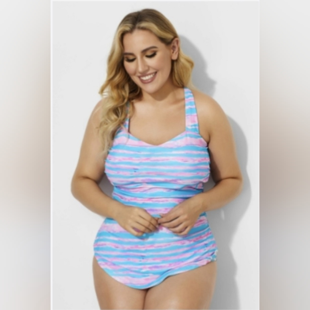 meet.curve Pink and Blue Striped One-Piece Swimsuit with a Sarong Front … - Picture 2 of 15